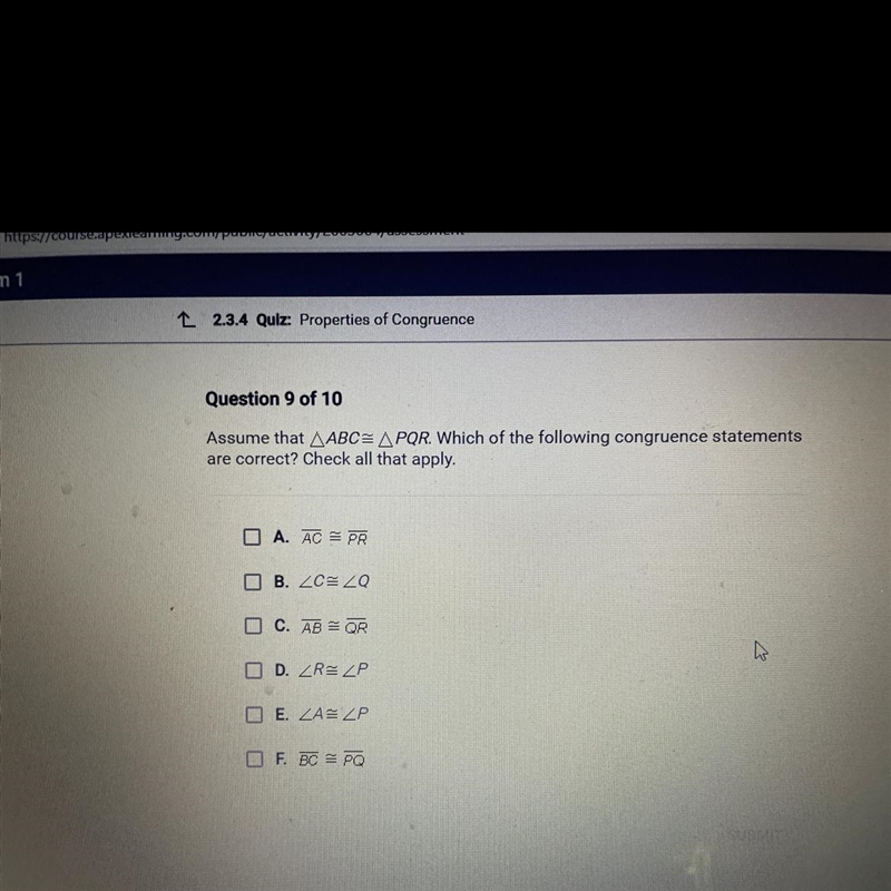 Assume that abc = pqr. Which of the following congruence statements are correct? Check-example-1