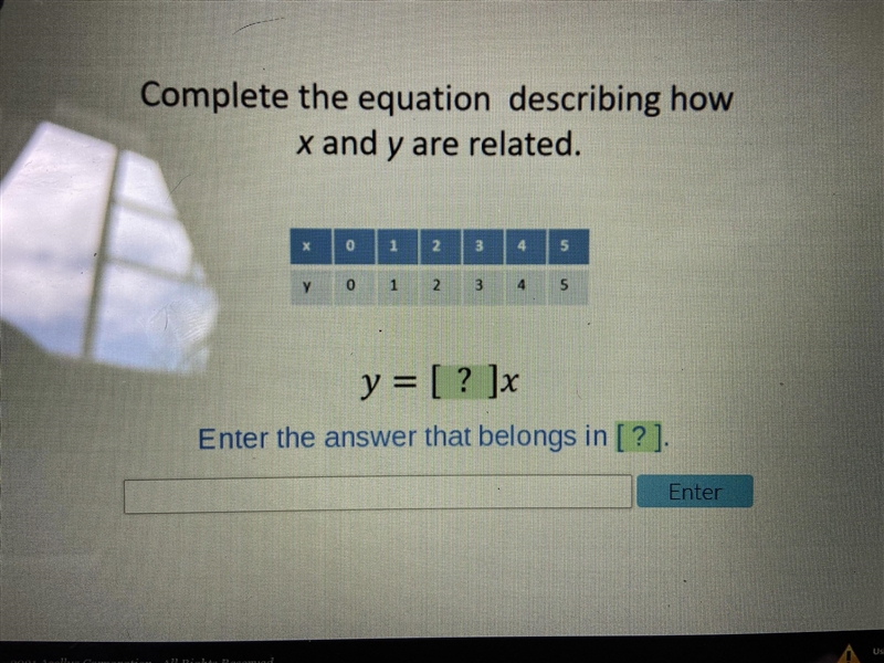 Complete the equation describing how x and y are related.-example-1