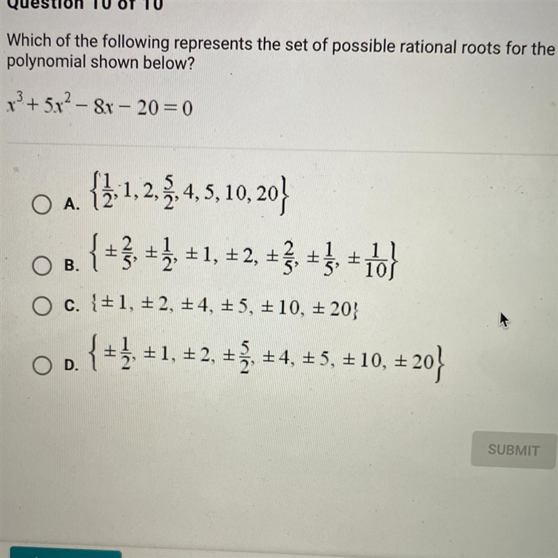 HELP ASAP Which of the following represents the set of possible rational roots for-example-1