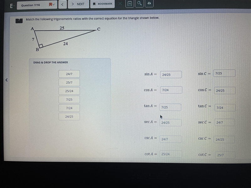 match the following trig ratios with the correct equation for the triangle shown below-example-1