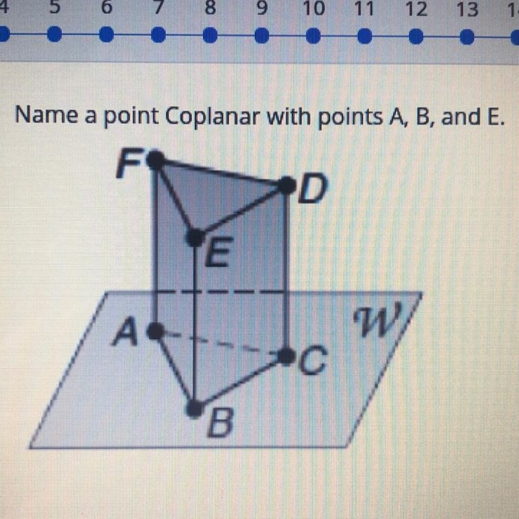 Name a point Coplanar with points A, B, and E.-example-1