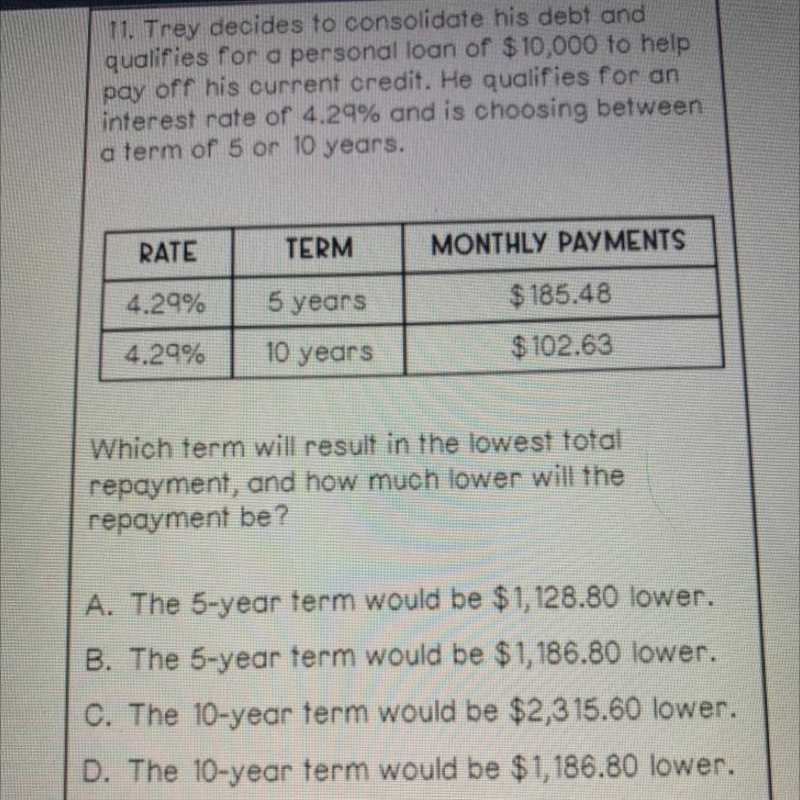 11. Trey decides to consolidate his debt and qualities for a personal loan of $10,000 to-example-1