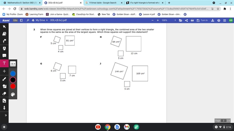 When three squares are joined at their vertices to form a right triangle, the combined-example-1