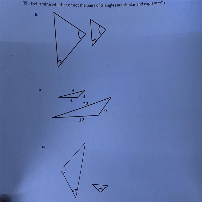 Determine whether or not the pairs of triangles are similar and explain why.-example-1