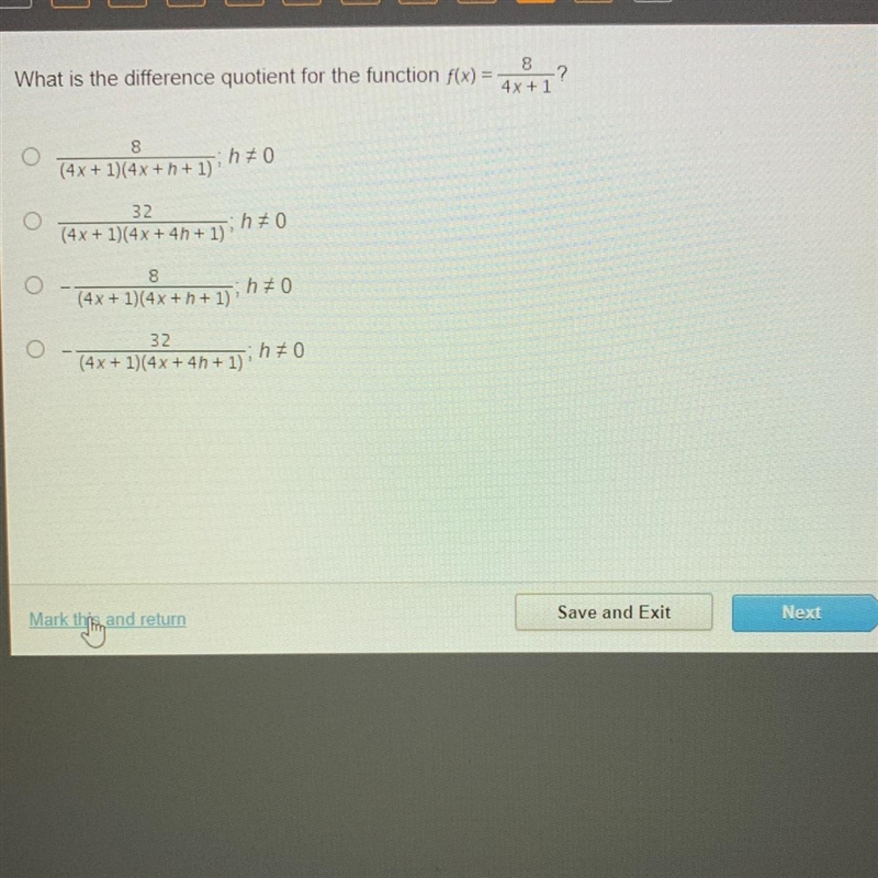 What is the difference quotient for the function f(x) = 8/ 4x + 1-example-1