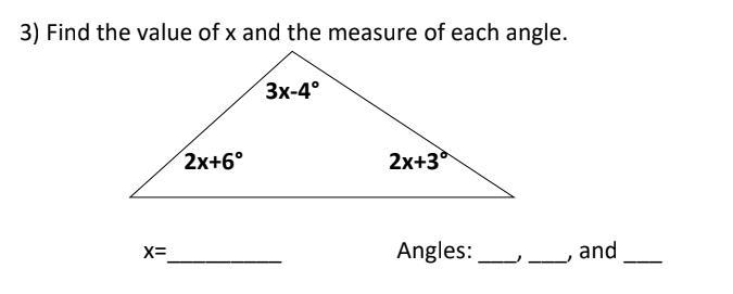 EXTRA POINTS-- find the value of x and the measure of each angle-example-1