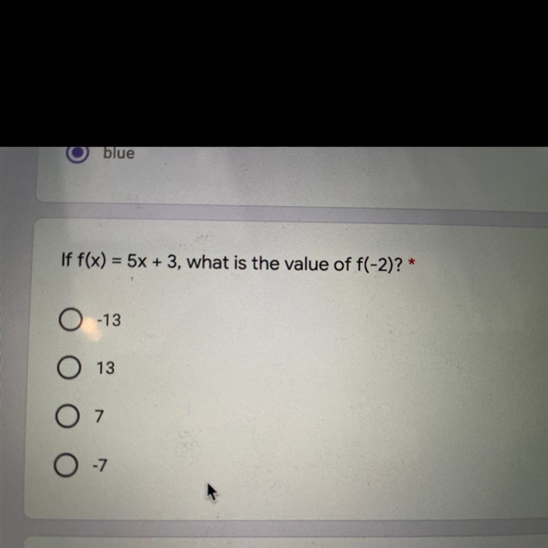 If f(x) = 5x + 3, what is the value of f(-2)?-example-1