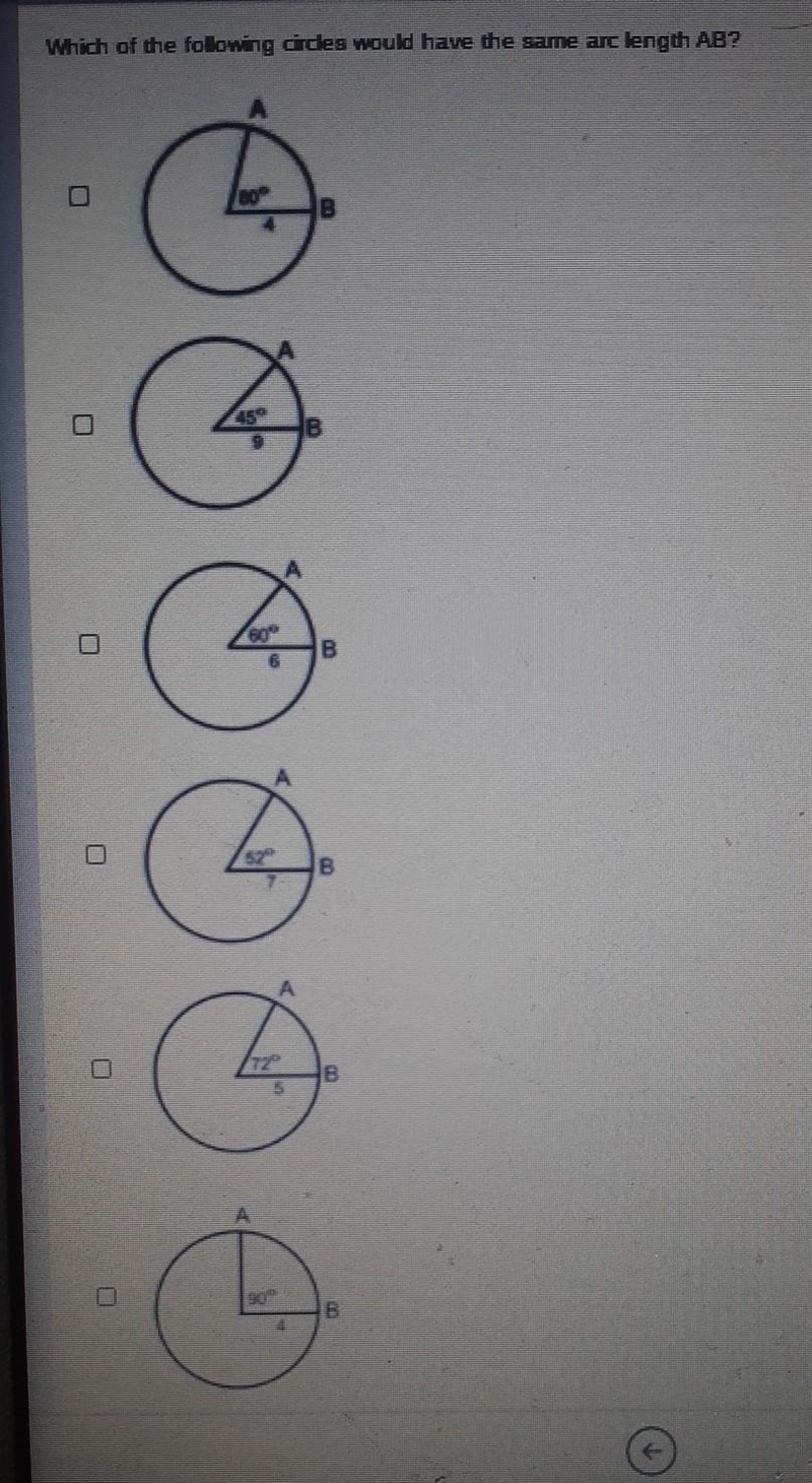 Which of the following circles would have the same arc length of AB?​-example-1