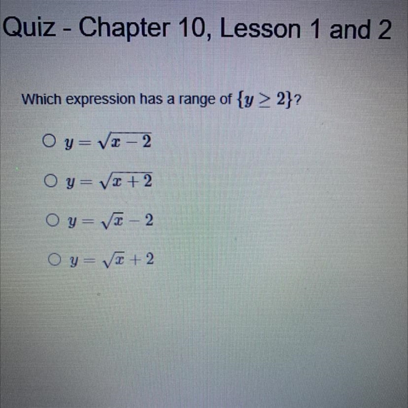 Which expression has a range of {y > 2}?-example-1