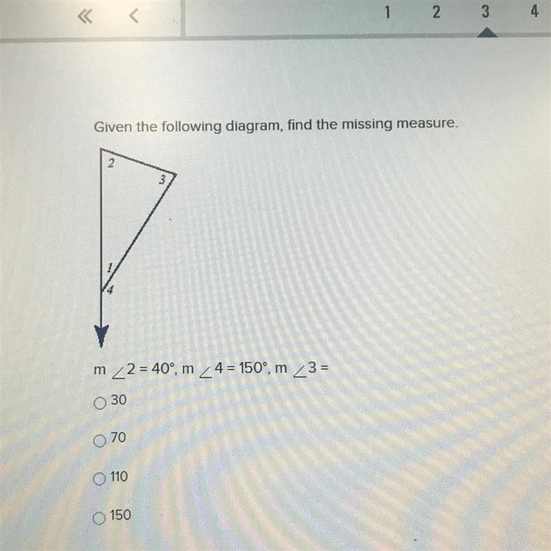 Given the following diagram, find the missing measure. 2 m2 = 40°, m 24 = 150°. m-example-1