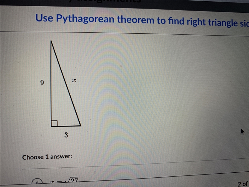 Find the value of x when the triangle has 9 and 3-example-1