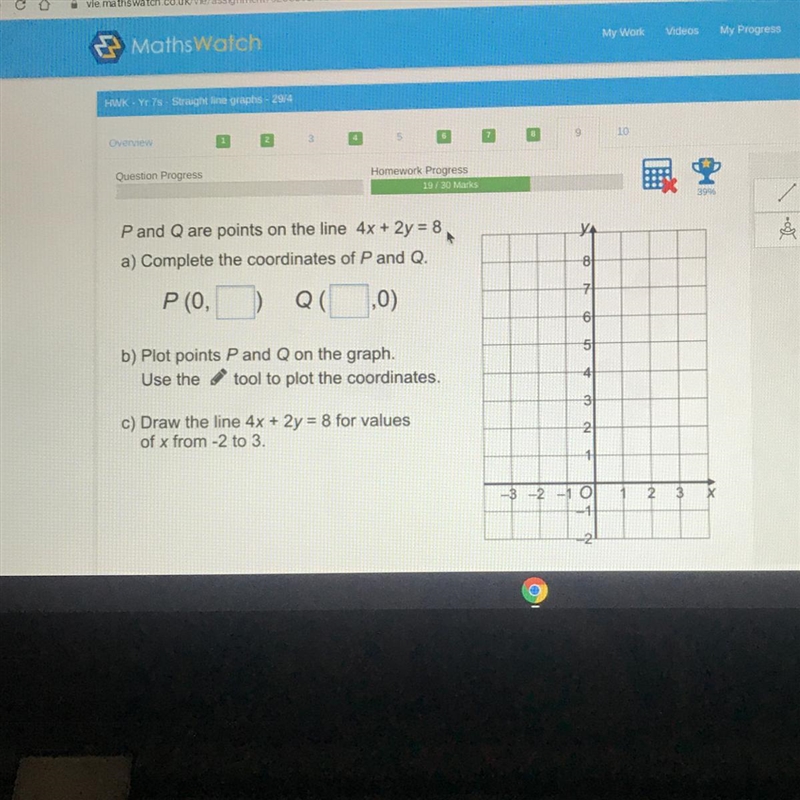 YA 8 P and Q are points on the line 4x + 2y = 8 a) Complete the coordinates of P and-example-1