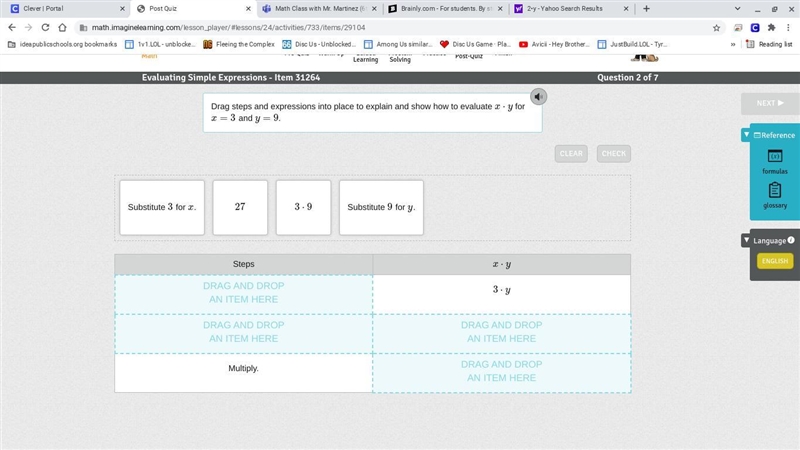 Drag steps and expressions into place to explain and show how to evaluate x⋅y for-example-1