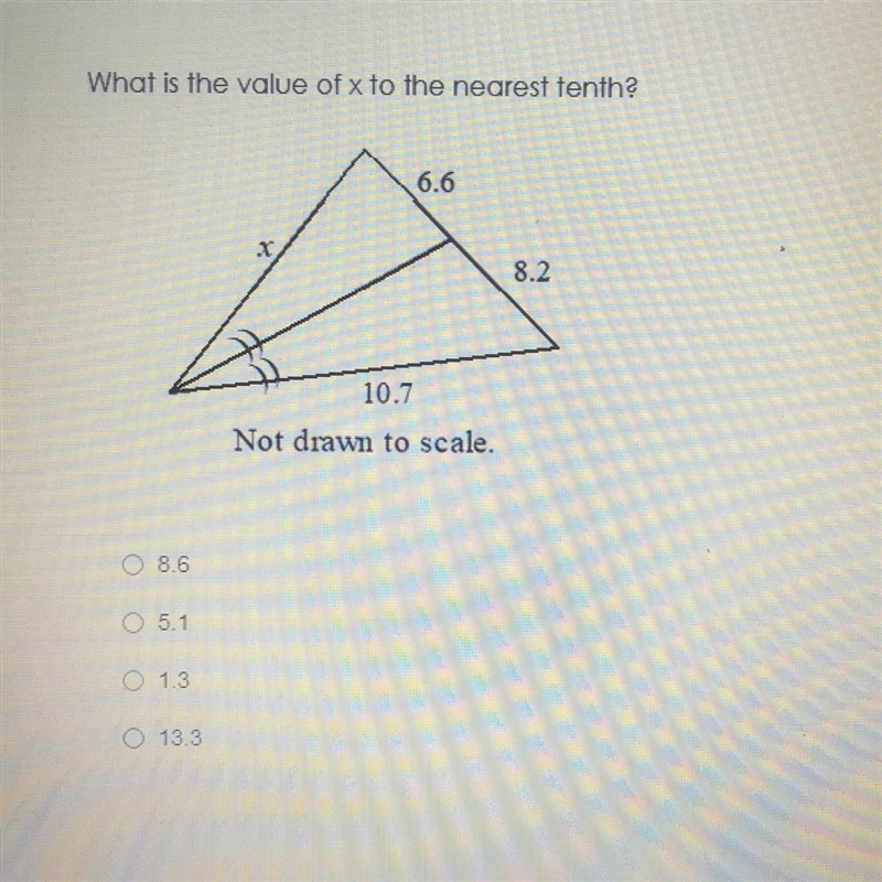 Please help!! :) what is the value of X to the nearest 10th? A: 8.6 B: 5.1 C: 1.3 D-example-1