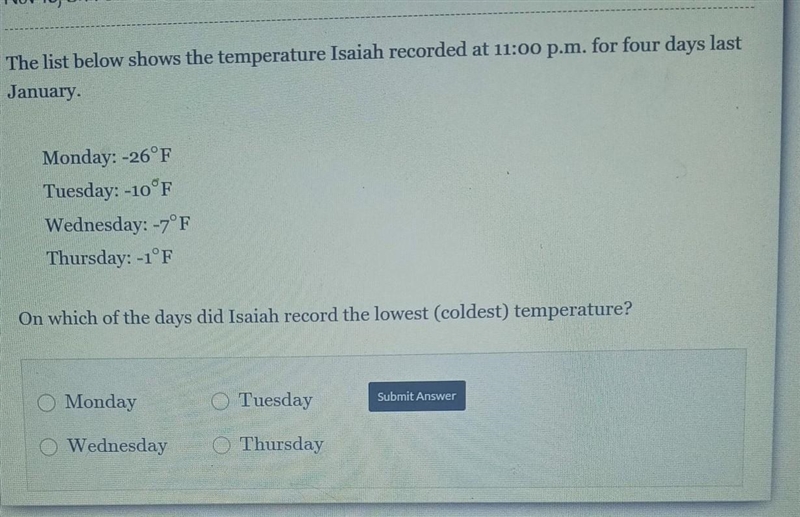 The list below shows the temperature Isaiah record at 11 p.m. for 4 days last January-example-1