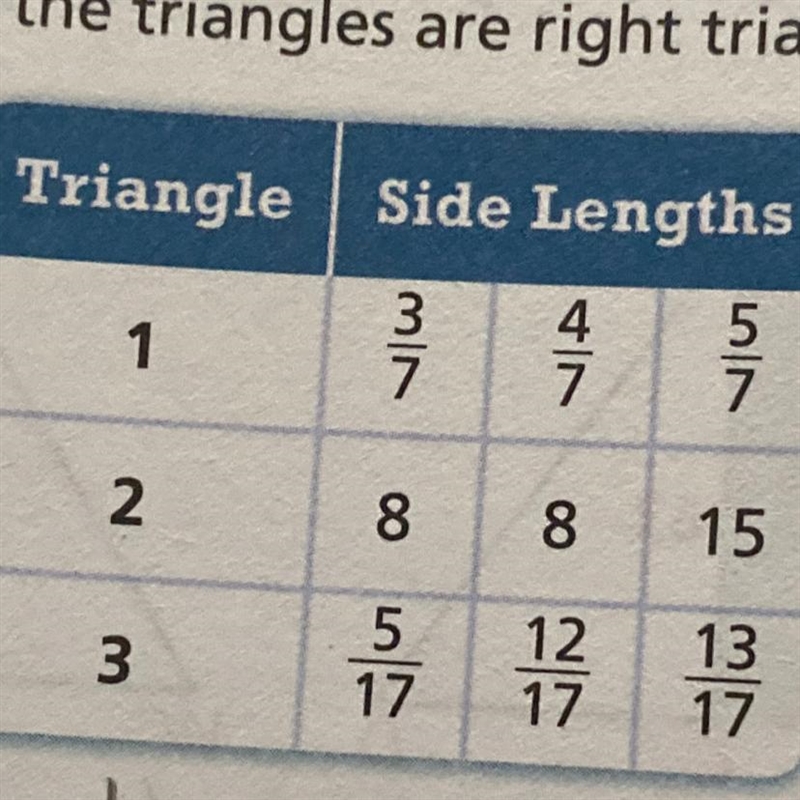 12. The side lengths of three triangles are shown. Which of the triangles are right-example-1