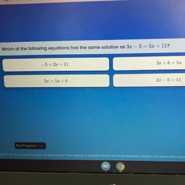 Which of the following equations has the same solution as 32 - 5 = 5x + 11? -5 = 22 +11 3z-example-1