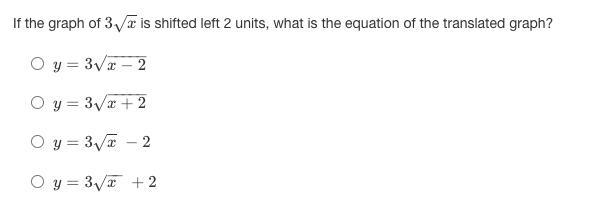 If the graph of 3x√ is shifted left 2 units, what is the equation of the translated-example-1