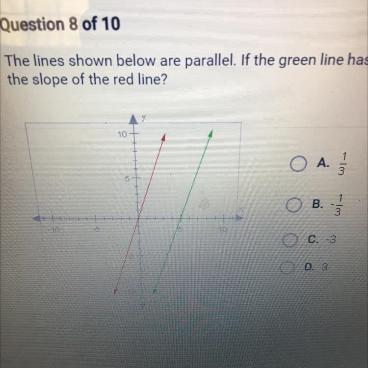 The lines shown below are parallel. If the green line has a slope of 3, what is the-example-1