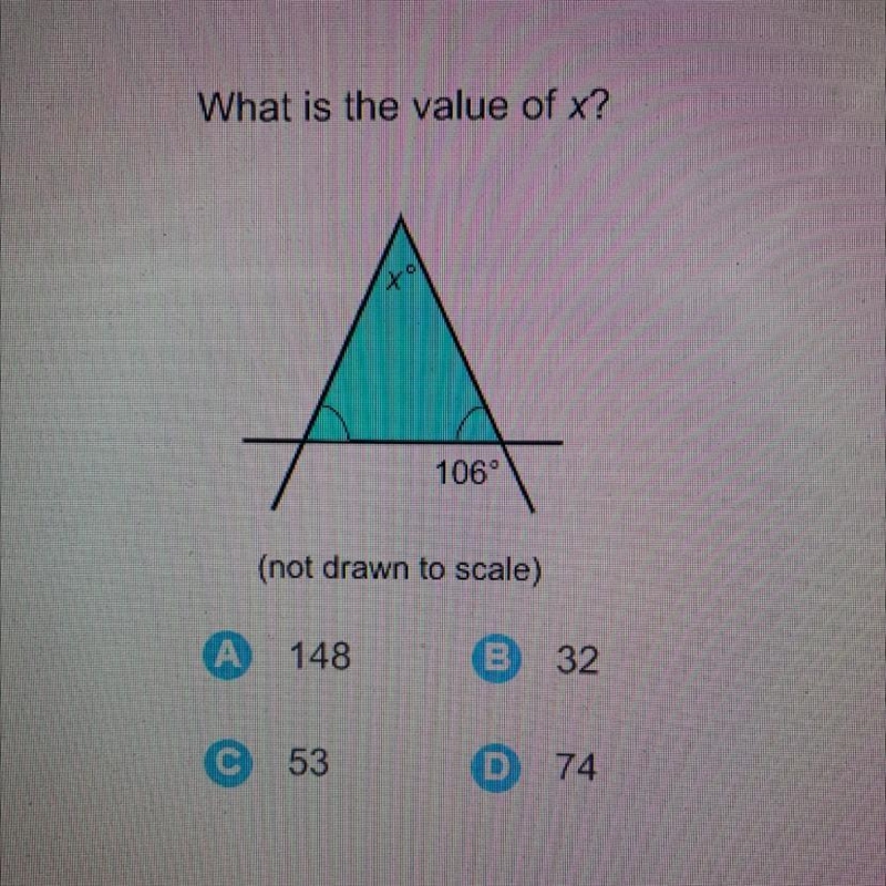 What is the value of x? 106° (not drawn to scale)-example-1