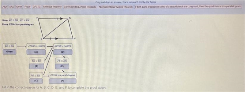 Fill in the correct reason for A, B, C, D, E, and F to complete the proof above.-example-1