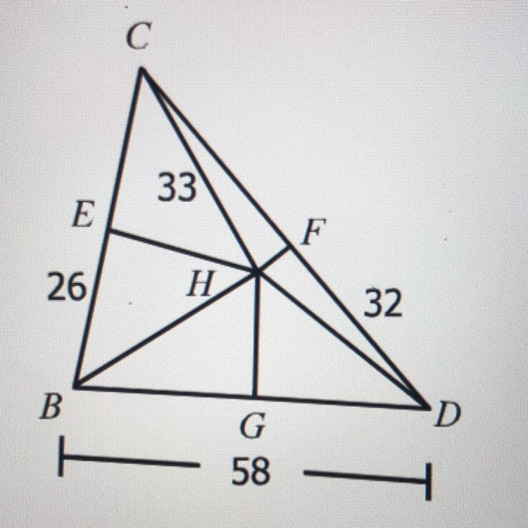 If H is the circumcenter of triangle BCD, find each measure. CD, CE, HD, GD, HG, HF-example-1