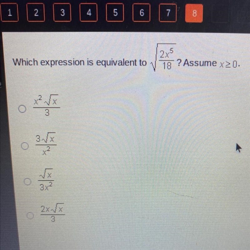 Which expression is equivalent to sqrt2x^5/18 ? Assume x>0.-example-1