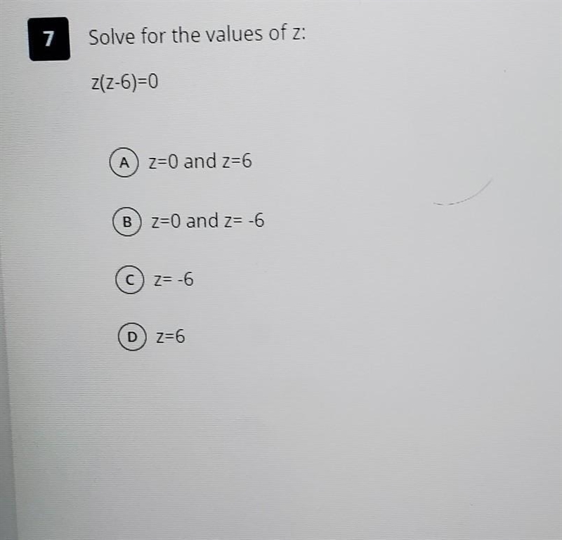 Solve for the values of z z(z-6)=0​-example-1