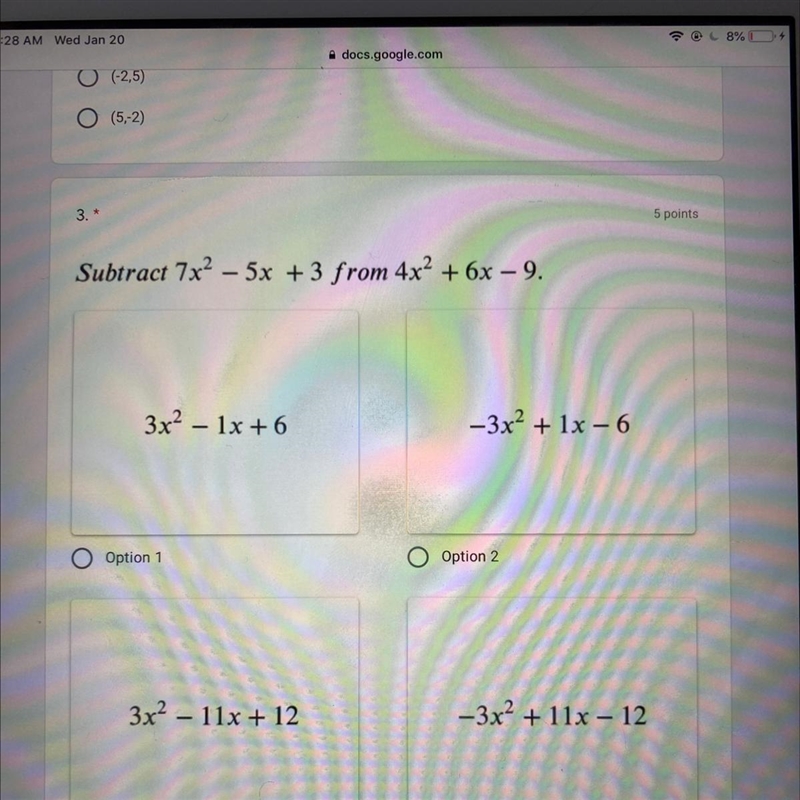 Subtract 7x² – 5x + 3 from 4x2 + 6x – 9.-example-1