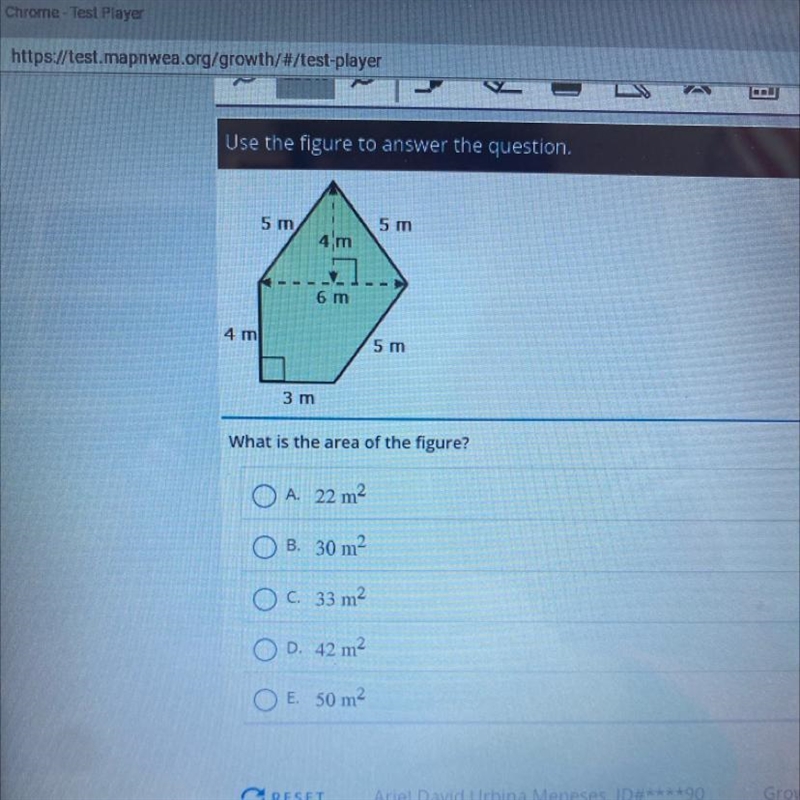 What is the area of the figure? A. 22 m2 B. 30 m2 O C. 33 m² O D. 42 m2 E. 50 m2-example-1