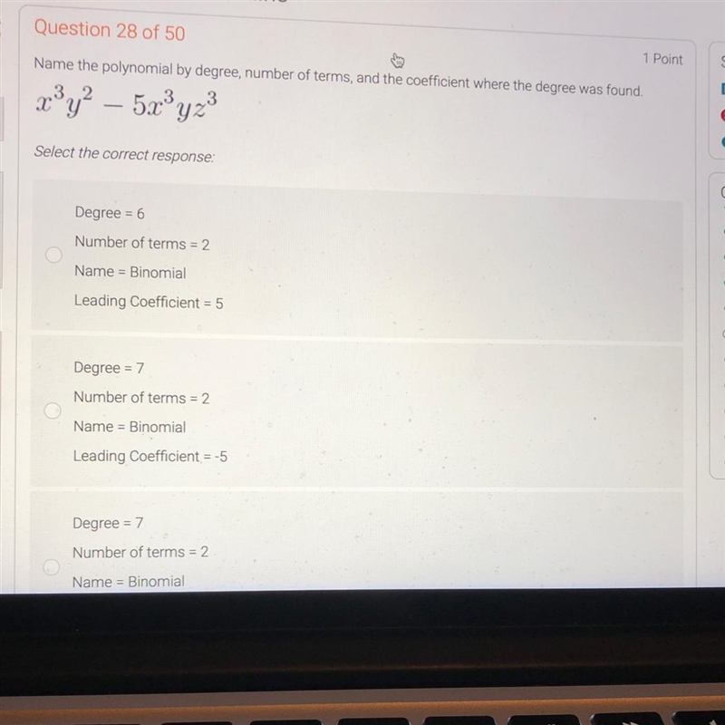 Name the polynomial by degree, number of terms, and the efficient where the deyee-example-1