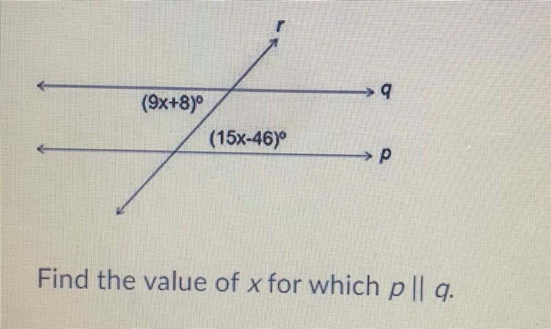 Find the value of x for which p || q A. 5 B. 9 C. 15 D. 10-example-1