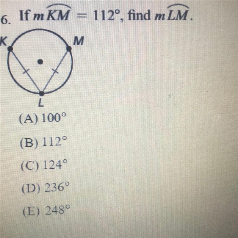 If mKM = 112 degrees, find mLM.-example-1