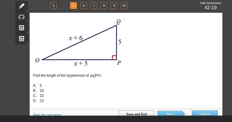 Pleaseee help Find the length of the hypotenuse of ΔQPO A. 5 B. 10 C. 12 D. 13-example-1