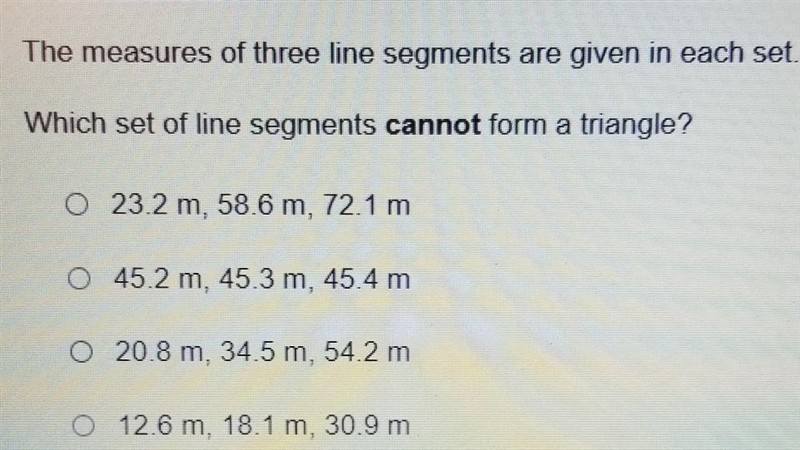 I REALLY NEED HELP PLEASE The measures of three line segments are given in each set-example-1