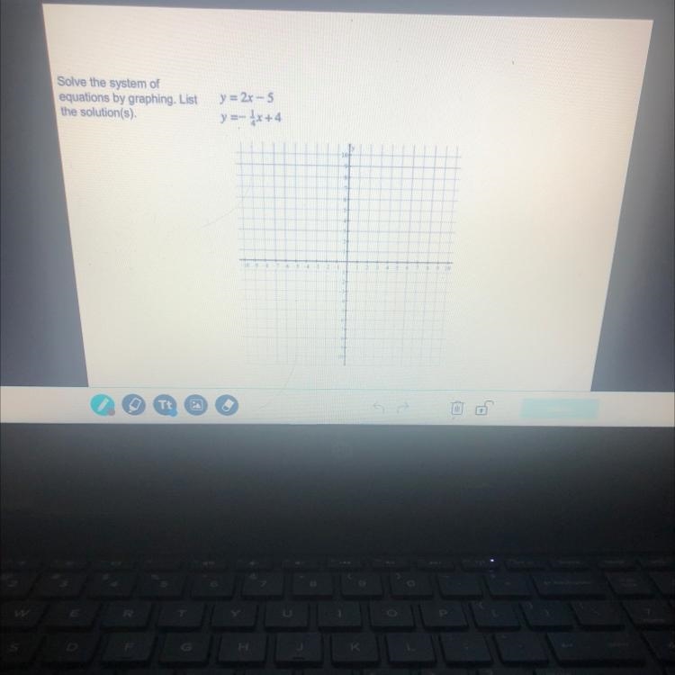 Solve the system of equations by graphing, List the solution(s) y = 2x-5 y=- 4x + 4 Please-example-1