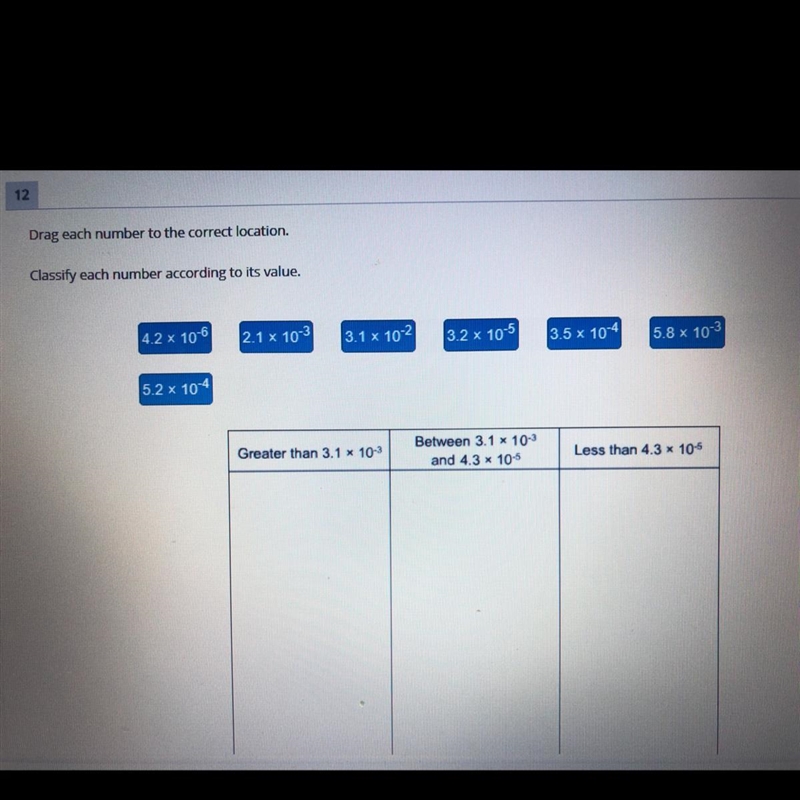 Classify each number according to its value. -6 4.2 x 10 2.1 x 10 3.1 x 10-2 3.2x-example-1