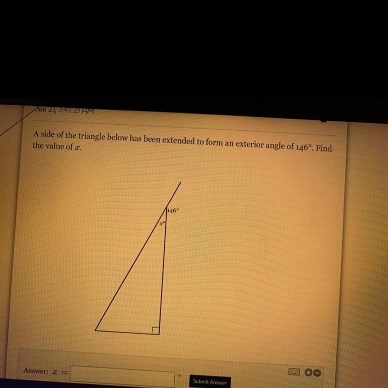 A side of the triangle below has been extended to form an exterior angle of 146°. Find-example-1