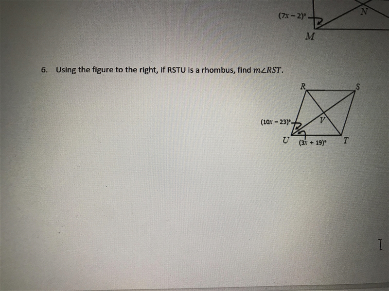 Using the figure to the right, if RSTU is a rhombus, find measure RST.-example-1