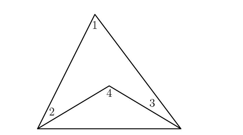 What is the measure of angle 4 if angle 1 = 76 degrees, angle 2 = 27 degrees and angle-example-1