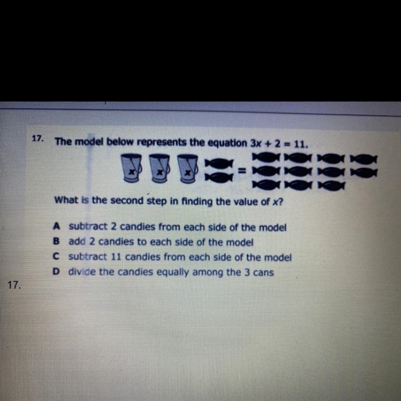 . The model below represents the equation 3x + 2 = 11. What is the second step in-example-1