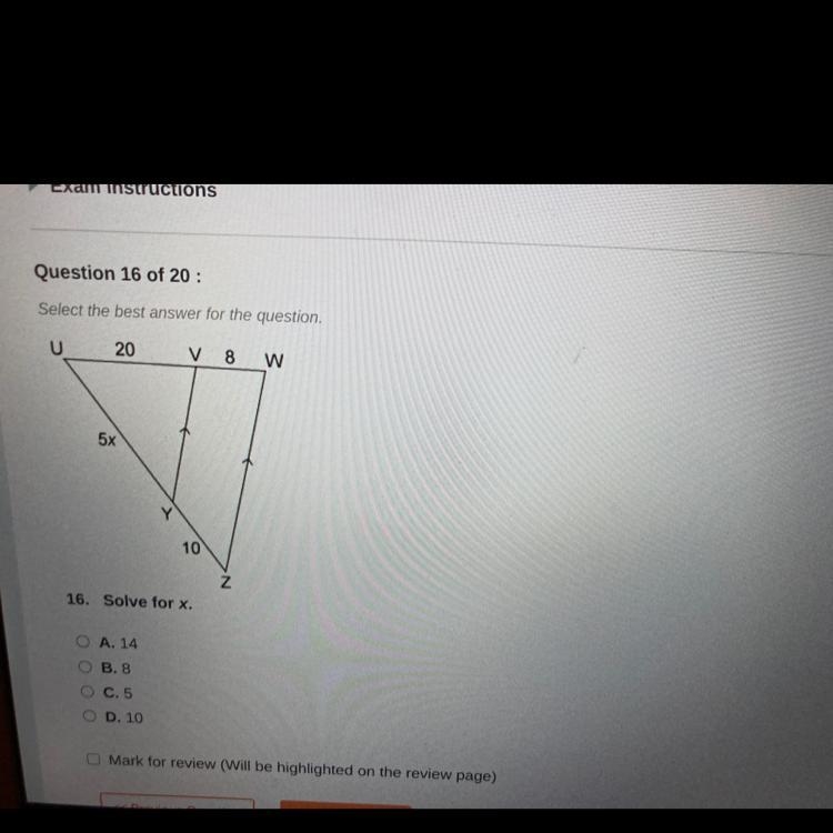 Solve for x A) 14 B) 8 C) 5 D) 10-example-1