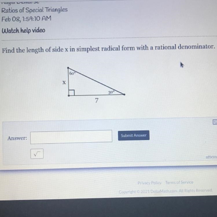 find the length of side x in simplest radical form with a rational d enominator. 60 X-example-1