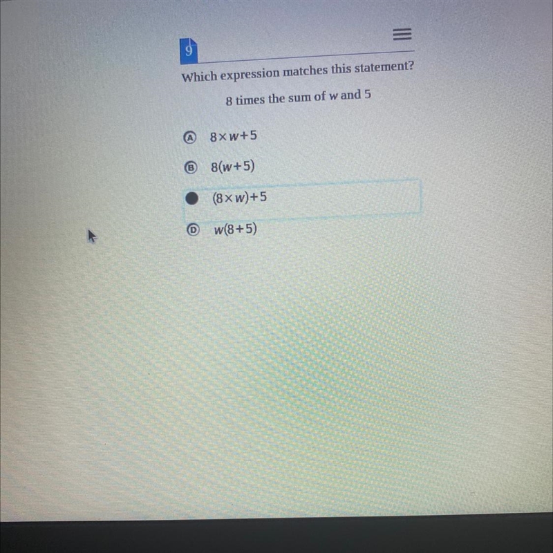 Pleaseee helpppp Which expression matches this statement? 8 times the sum of w and-example-1