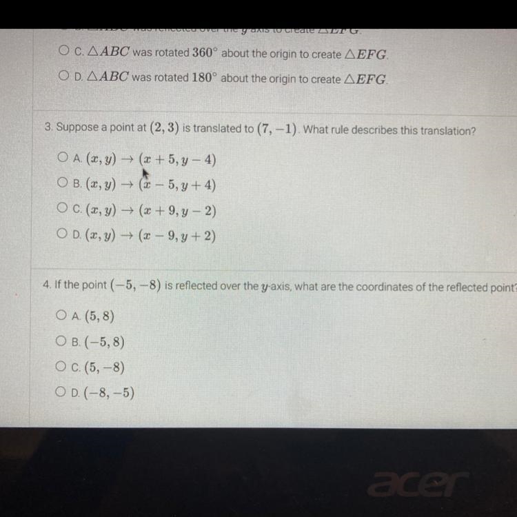 40 POINTS! 3. Suppose a point at (2,3) is translated to (7,-1). What rule describes-example-1