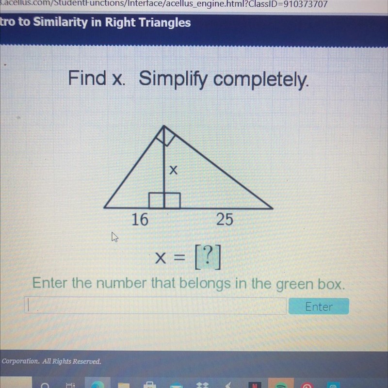 Find x. Simplify completely. x = [?] Enter the number that belongs in the green Please-example-1