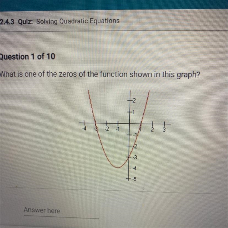 What is one of the zeros of the function shown in this graph? Please helppp 20 points-example-1