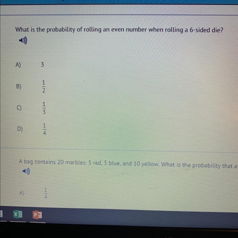 What is the probability of rolling an even number when rolling a 6-sided die? A) 3 B-example-1