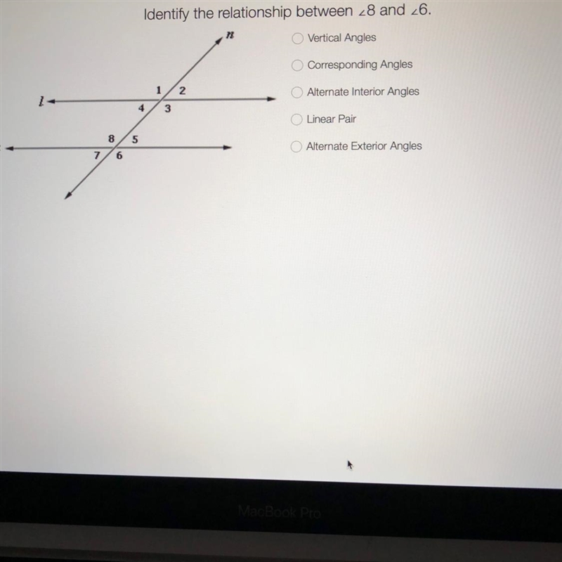 Identify the relationship between 8 and 6 A-Vertical angles B-Corresponding angles-example-1