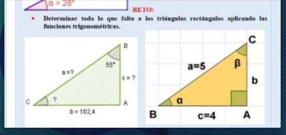 Determina todo lo que falta a los triángulos rectangulos aplicando las funciones trigonom-example-1